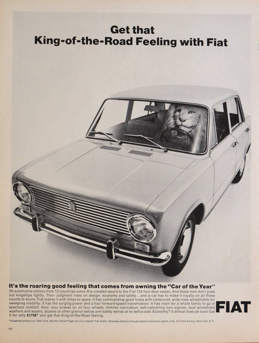 稀少！1960年代フィアット広告/Fiat 124 four-door sedan/イタリア車/旧車/ライオン/L_画像1