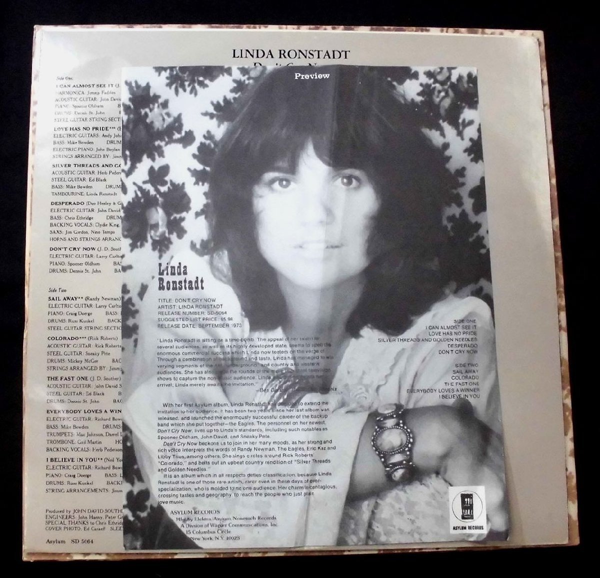 ●US-Asylum Recordsオリジナル””Promo White Labels,w/A1:B1 Copy!!”” Linda Ronstadt / Don't Cry Nowの画像3