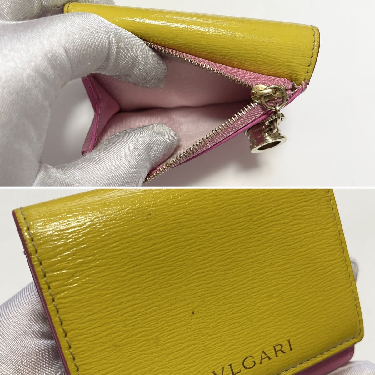 ★BVLGARI ブルガリ ビーゼロワン 三つ折り ミニ 財布 ピンク イエロー バイカラー レザー【鑑定済み 本物保証】