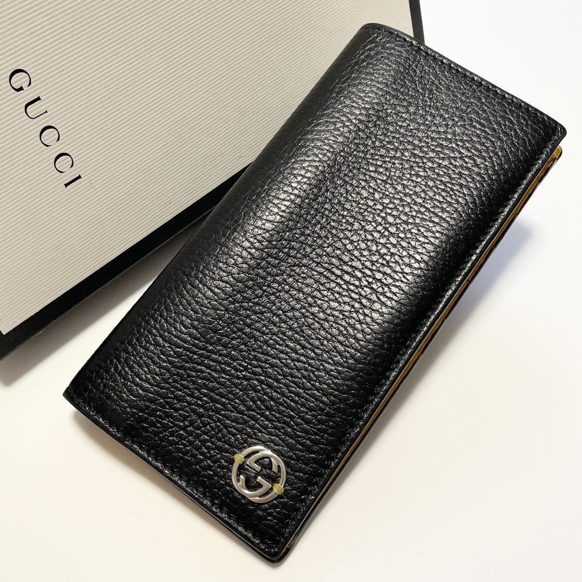 ★GUCCI グッチ インターロッキング 二つ折り 長財布 レザー バイカラー ブラック×イエロー メンズ 男性【鑑定済み 本物保証】