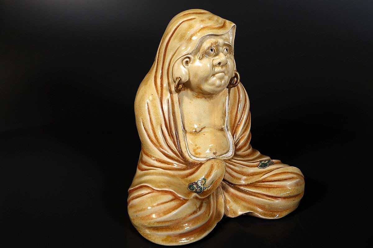 小】4009 時代薩摩焼 薩摩橋本製 色絵達磨置物 達磨太師 仏像 保管箱有 -