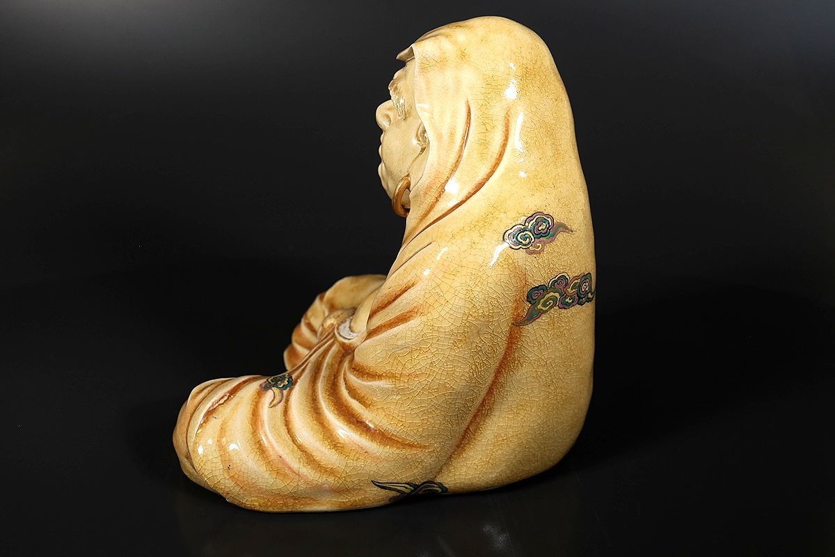 小】4009 時代薩摩焼 薩摩橋本製 色絵達磨置物 達磨太師 仏像 保管箱有 -