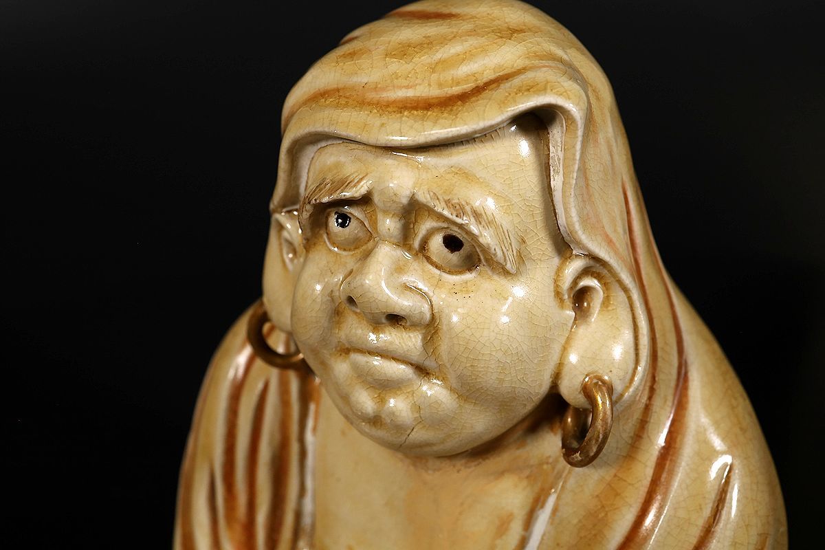 小】4009 時代薩摩焼 薩摩橋本製 色絵達磨置物 達磨太師 仏像 保管箱有 -