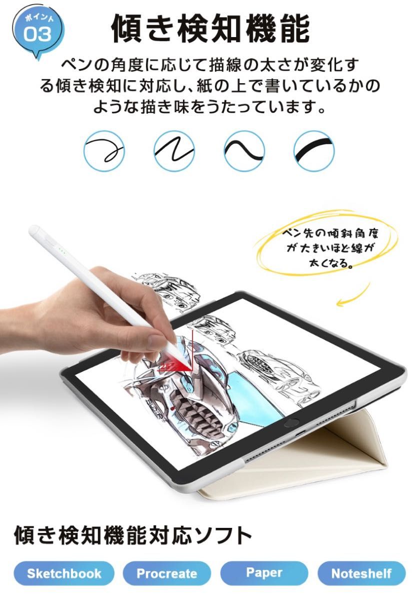 タッチペン iPad ペンシル スタイラスペン 極細ペン先 高感度 高精度 傾き検知 磁気吸着 Type-C急速充電 