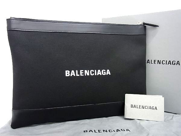 ■極美品■ BALENCIAGA バレンシアガ 373834 ネイビークリップ キャンバス×レザー クラッチバッグ セカンドバッグ ブラック系 AR8415_画像1