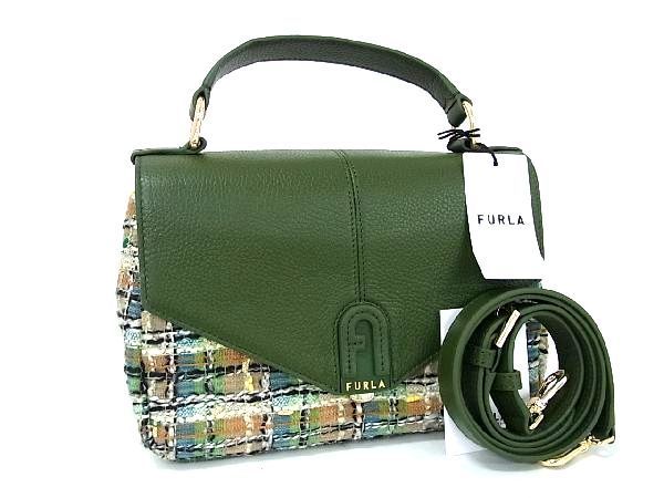 ■新品同様■ FURLA フルラ レザー×ツイード 2WAY ハンドバッグ ショルダー レディース グリーン系×マルチカラー AQ4785