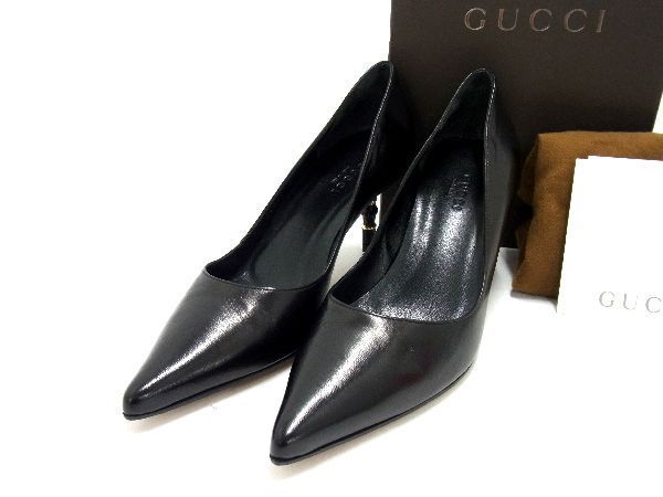 ■新品同様■ GUCCI グッチ バンブー レザー ヒール パンプス サイズ 34 (約21cm) 靴 シューズ レディース ブラック系 BE5341_画像1