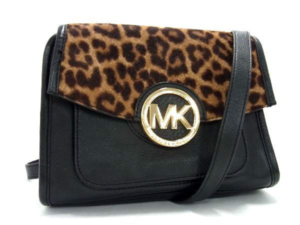 1円 ■美品■ MICHAEL KORS マイケルコース レザー×ハラコ チェーン レオパード 豹柄 クロスボディ ショルダーバッグ ブラック系 BG3603_画像1