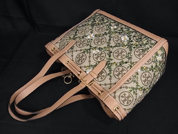 1円 ■美品■ TORY BURCH トリーバーチ キャンバス×レザー フラワー 花柄 トートバッグ レディース ライトブラウン系 AR9752_画像3