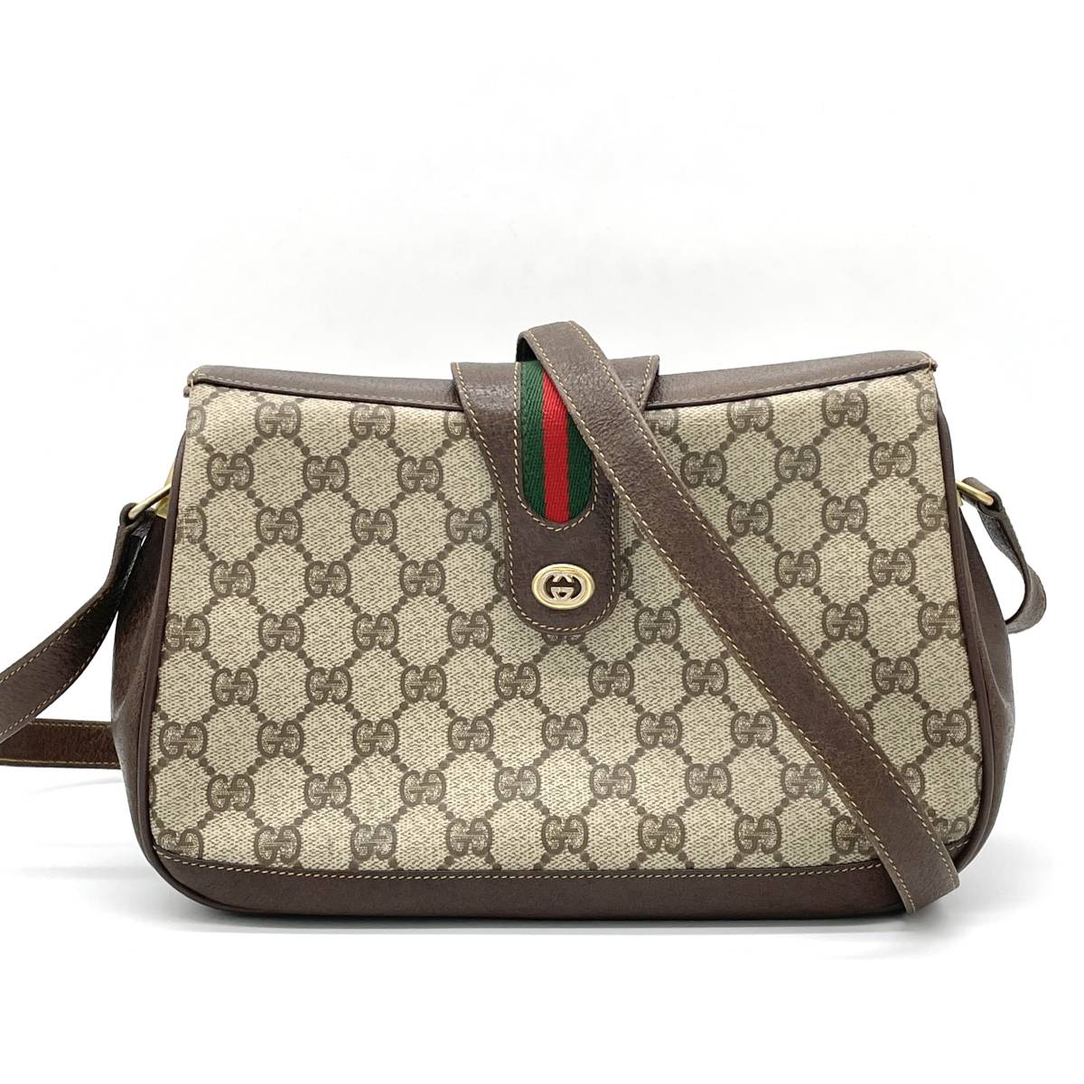 1円美品GUCCI オールドグッチGG柄シェリーラインブラウンショルダー