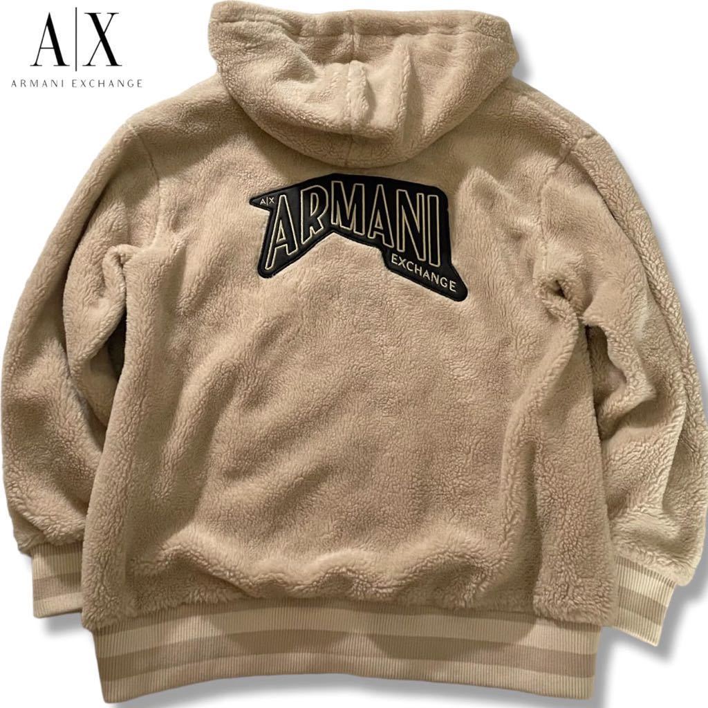 未使用級/M-L相当●アルマーニ エクスチェンジ ボア パーカー フード ジャケット ジップアップ ARMANI EXCHANGE ふわふわ起毛 ロゴワッペン_画像1