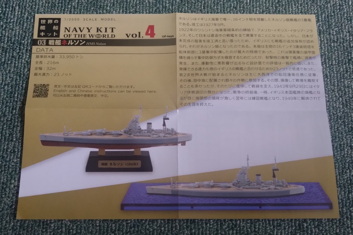 F-toys エフトイズ 1/2000 世界の艦船 キット コレクション Vol.4 イギリス海軍 戦艦 ネルソン B-type 洋上 Ver. 未組立品_画像5