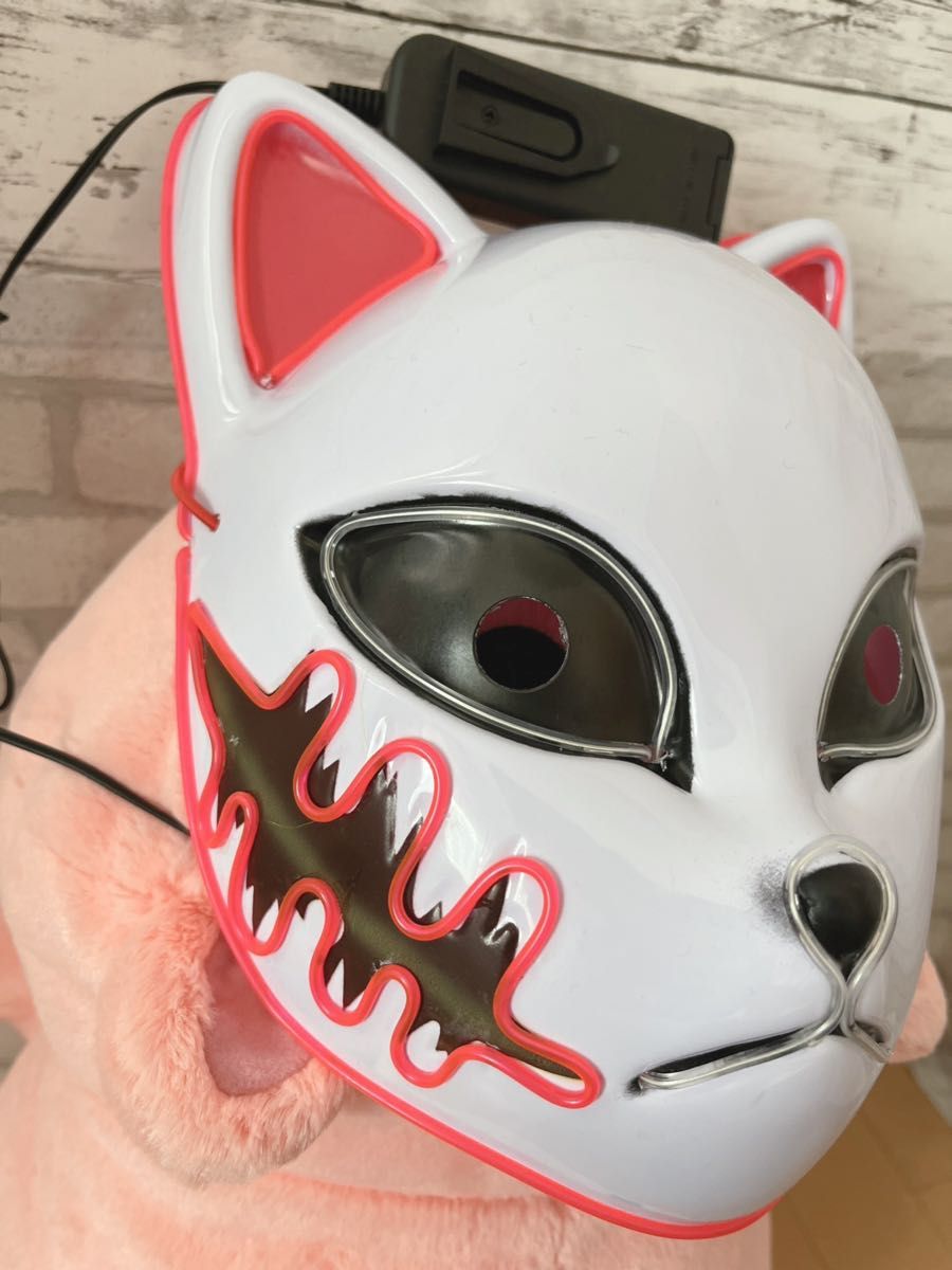 狐のお面 きつねお面　仮面　ハロウィン仮装　発光マスク お面　光るお面　コスチューム ピンク　 LED 電気　 LEDマスク