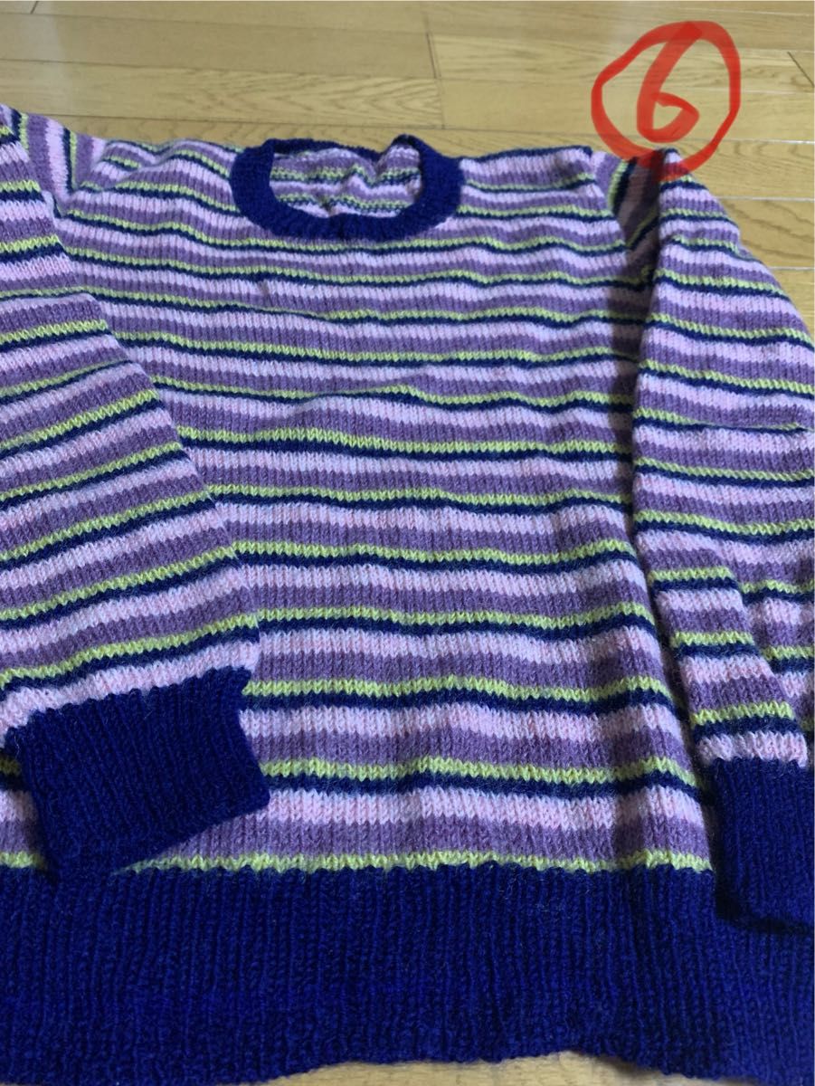 6.機械編み　紺×紫×うす紫×黄ボーダーセーター
