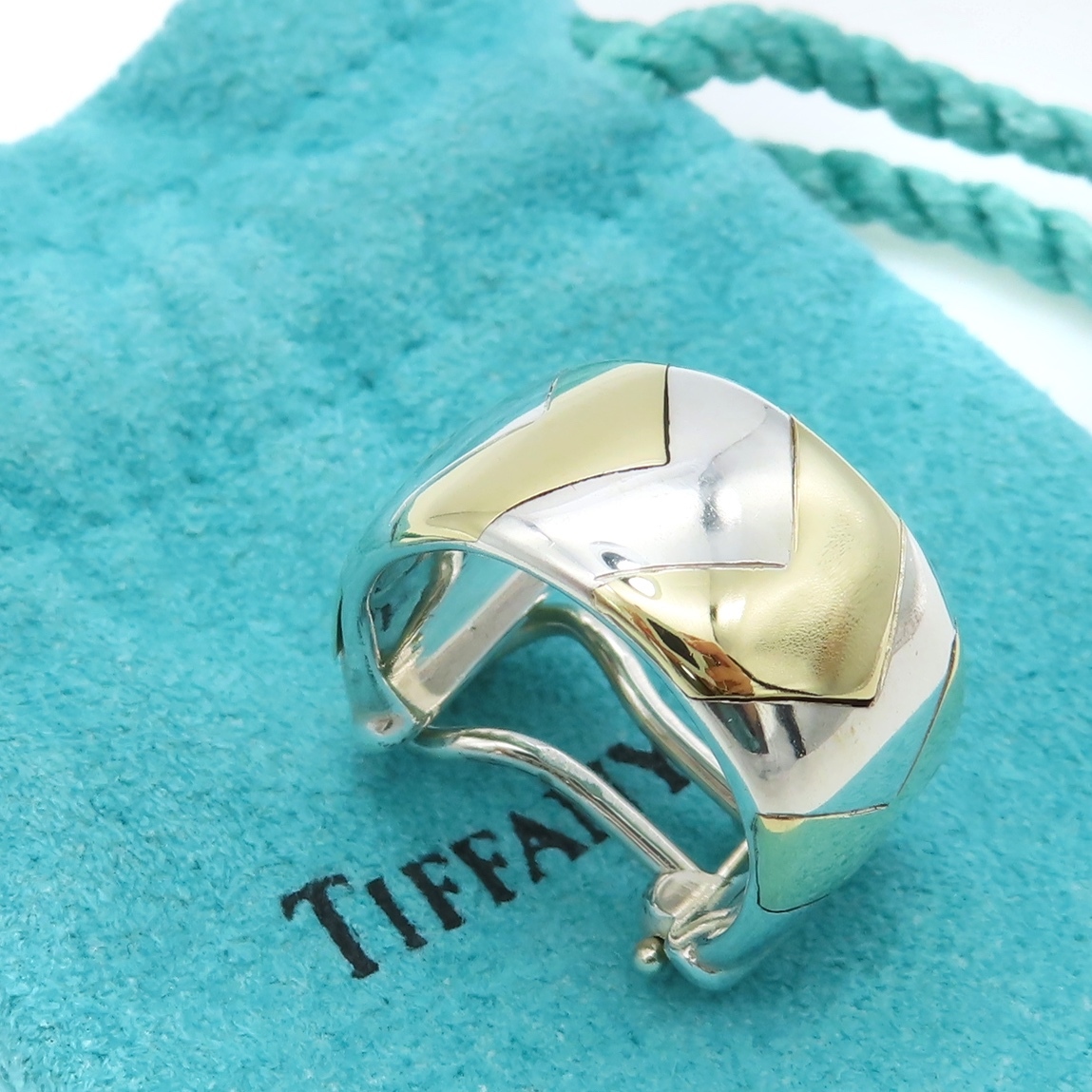 [ free shipping ] ultimate rare beautiful goods Tiffany&Co. Tiffany combination hoop earrings one-side ear yellow gold silver 750 SV925 OK15