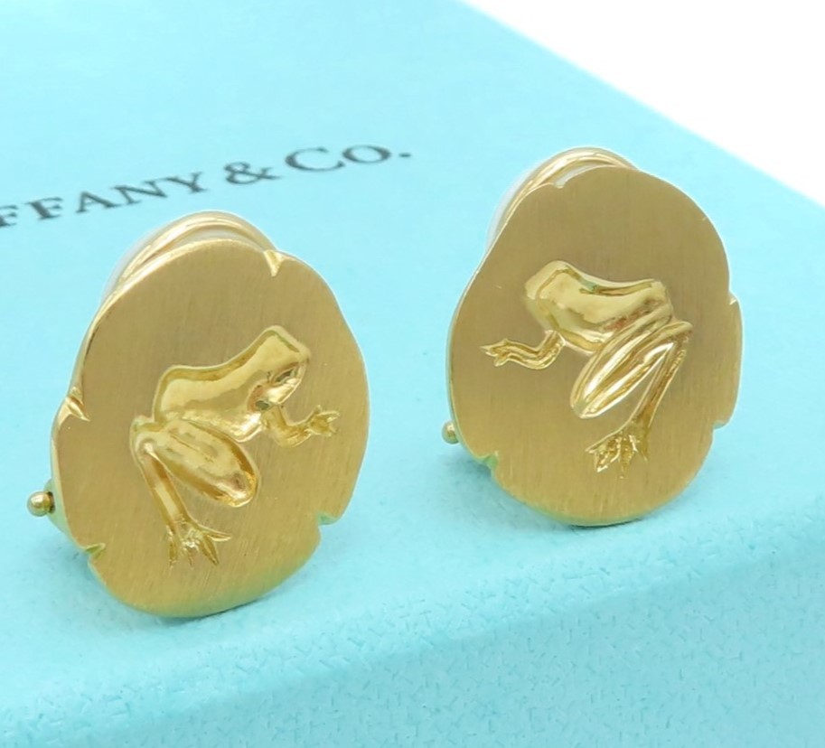 【Бесплатная доставка】 Tiffany&amp;Co. Tiffany Lotus Leaf Frog Серьги из желтого золота 750 K18 Лягушка из листьев лотоса OS56