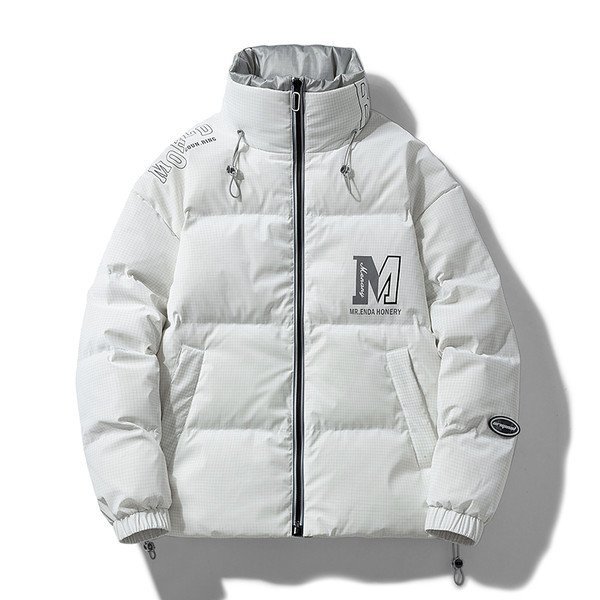M/170 ホワイト ダウンジャケット メンズ ショート丈 キルティング 立ち襟 ワンポイント ストリート 暖かい 保温 ボリューム 防寒 冬