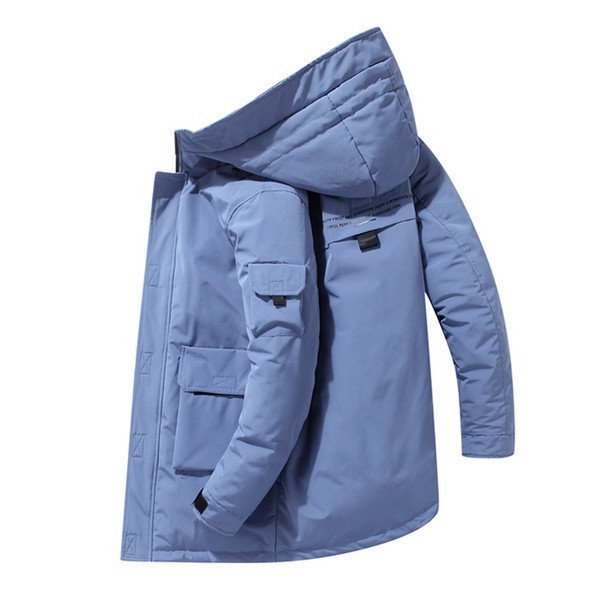 XL ブルー ダウンジャケット メンズ レディース ミドル丈 ダウン 男女兼用 ワーク フード付き 保温 防寒 防風 冬 あったか