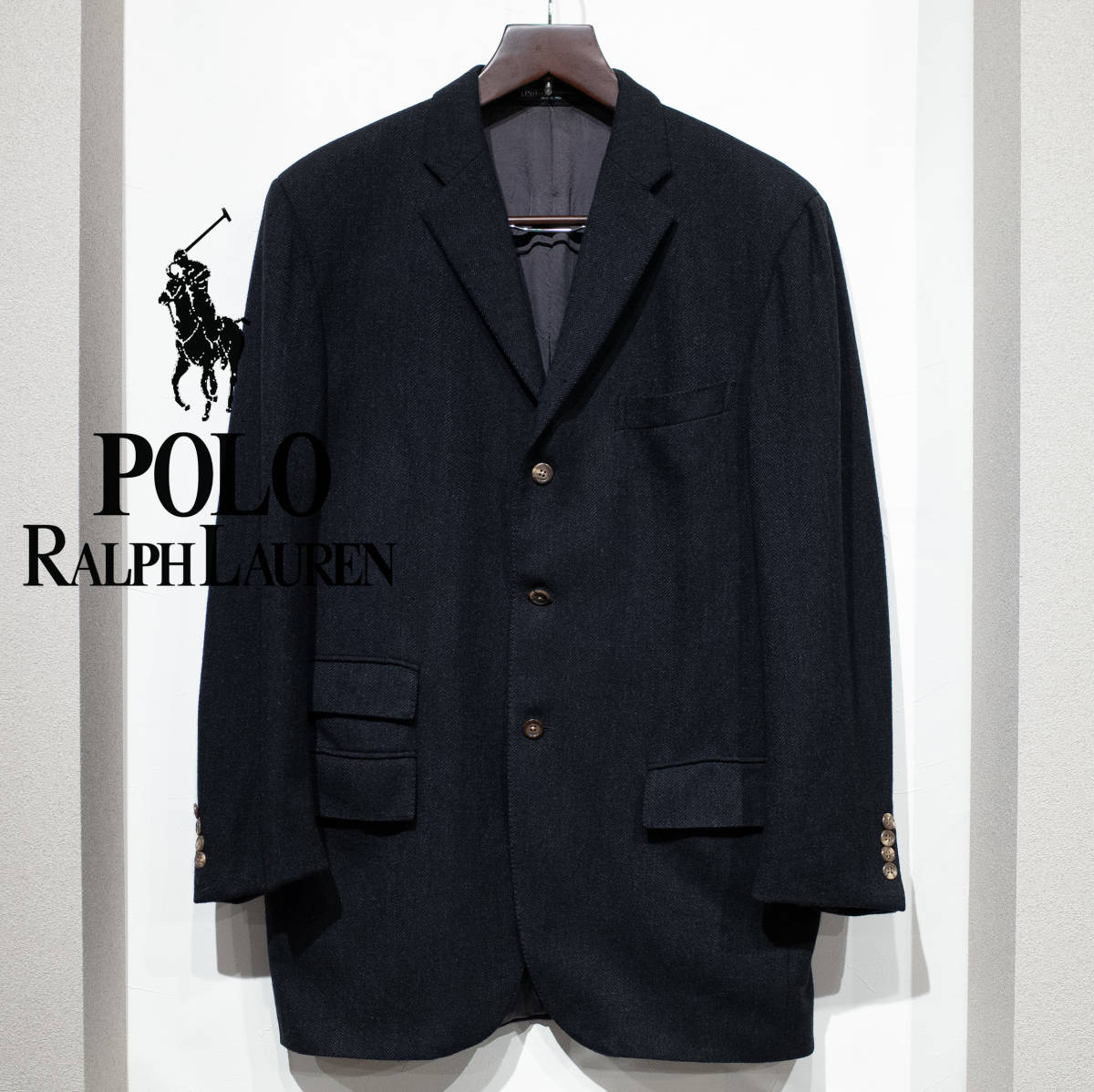 【イタリア製】42L / 90’s POLO Ralph Lauren ポロラルフローレン ウール カシミヤ 3B テーラードジャケット コート 黒  チャコール