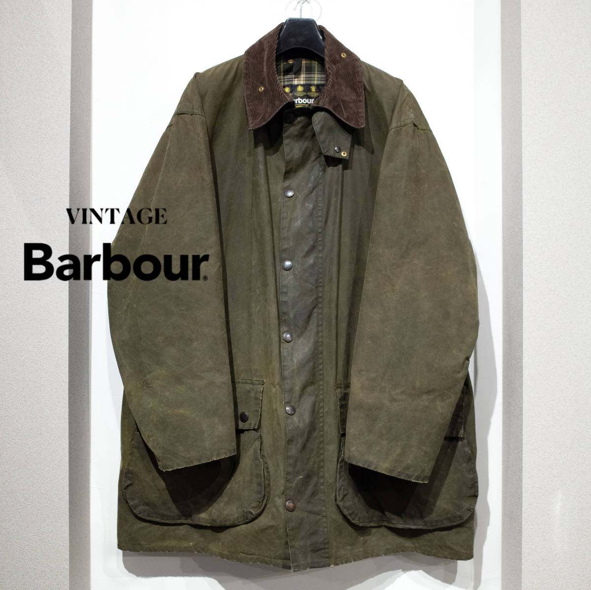 C48 XXL位 / 90’s 英国製 Vintage Barbour BORDER オールド バブアー ボーダー オイルド ジャケット 3ワラント  オリーブ オーバーサイズ