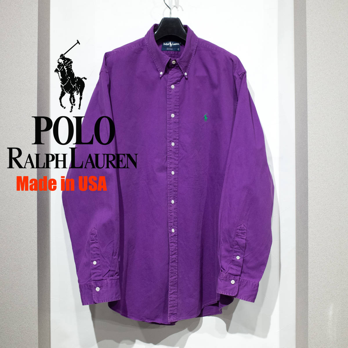 【USA製】2X / 80’s 90’s POLO RALPH LAUREN オールドポロラルフローレン コットン BIG ビッグ オーバーサイズ  BDシャツ 紫 緑ポニー