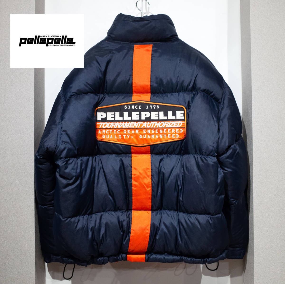 XXL / 90’s 00’s pelle pelle マークブキャナン ペレペレ レーシング ワッペン リバーシブル ダウン ジャケット Y2K ネイビー オレンジ_画像1