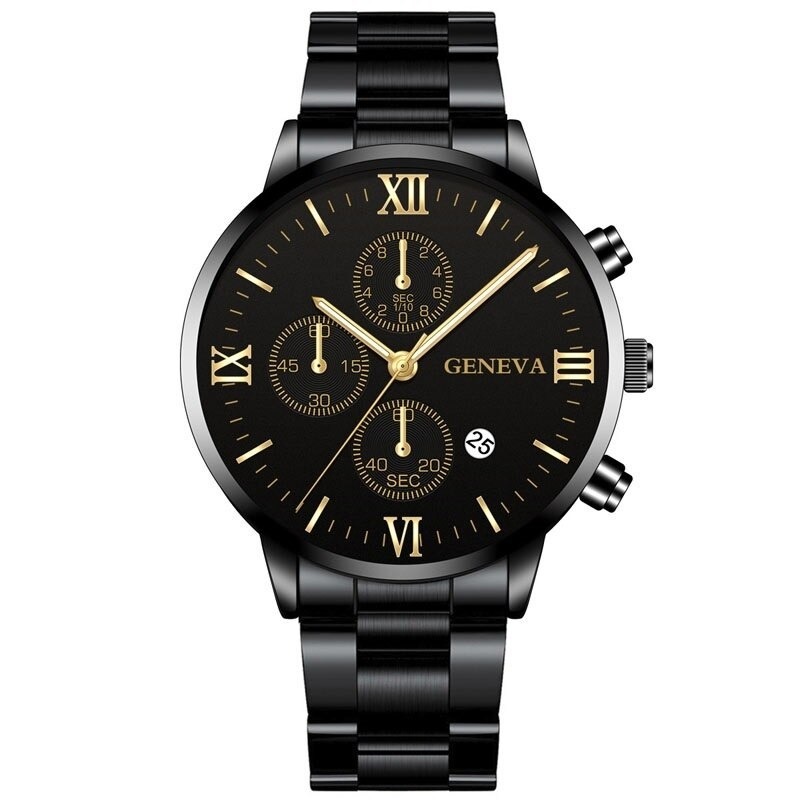 ビジネス時計　男性　ステンレス鋼　クォーツ腕時計　メンズ腕時計　高級　カレンダー　ギフト　パーティー　A2390_⑤Black Gold