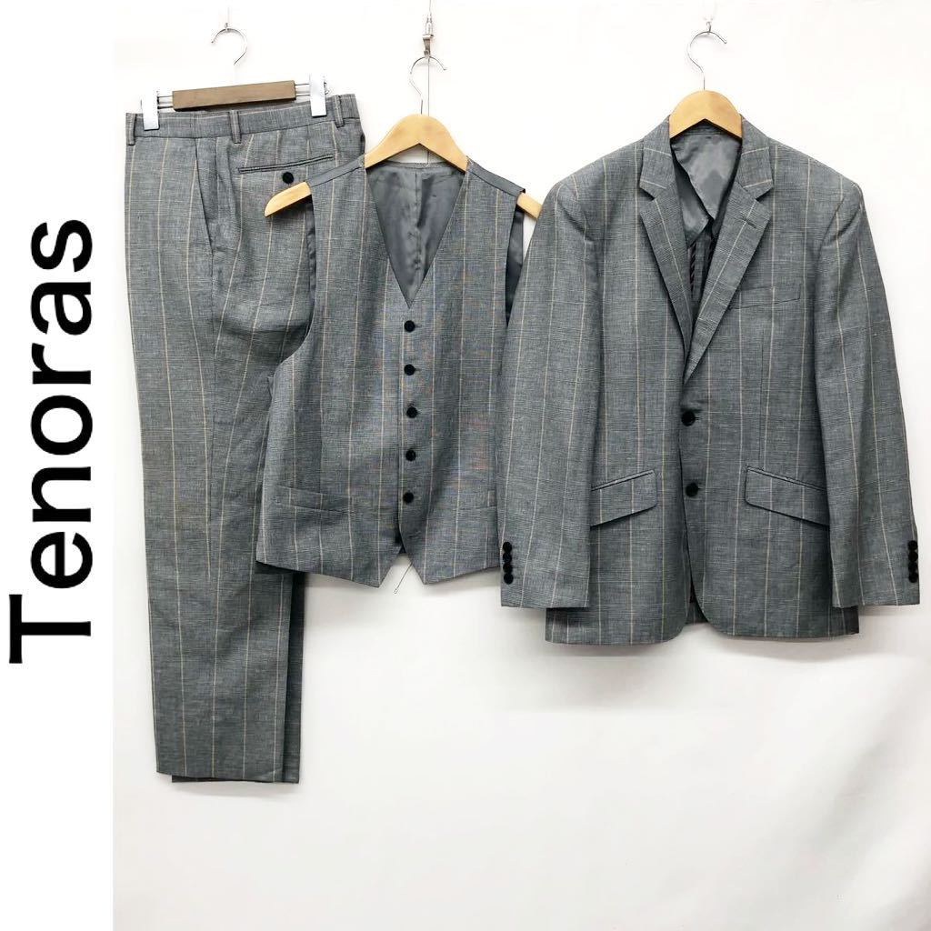 Tenoras ティノラス メンズ セットアップ スーツ 3ピース ジャケット 2B 背抜ベスト パンツ 麻混 リネン混 グレー チェック Lサイズ 紳士