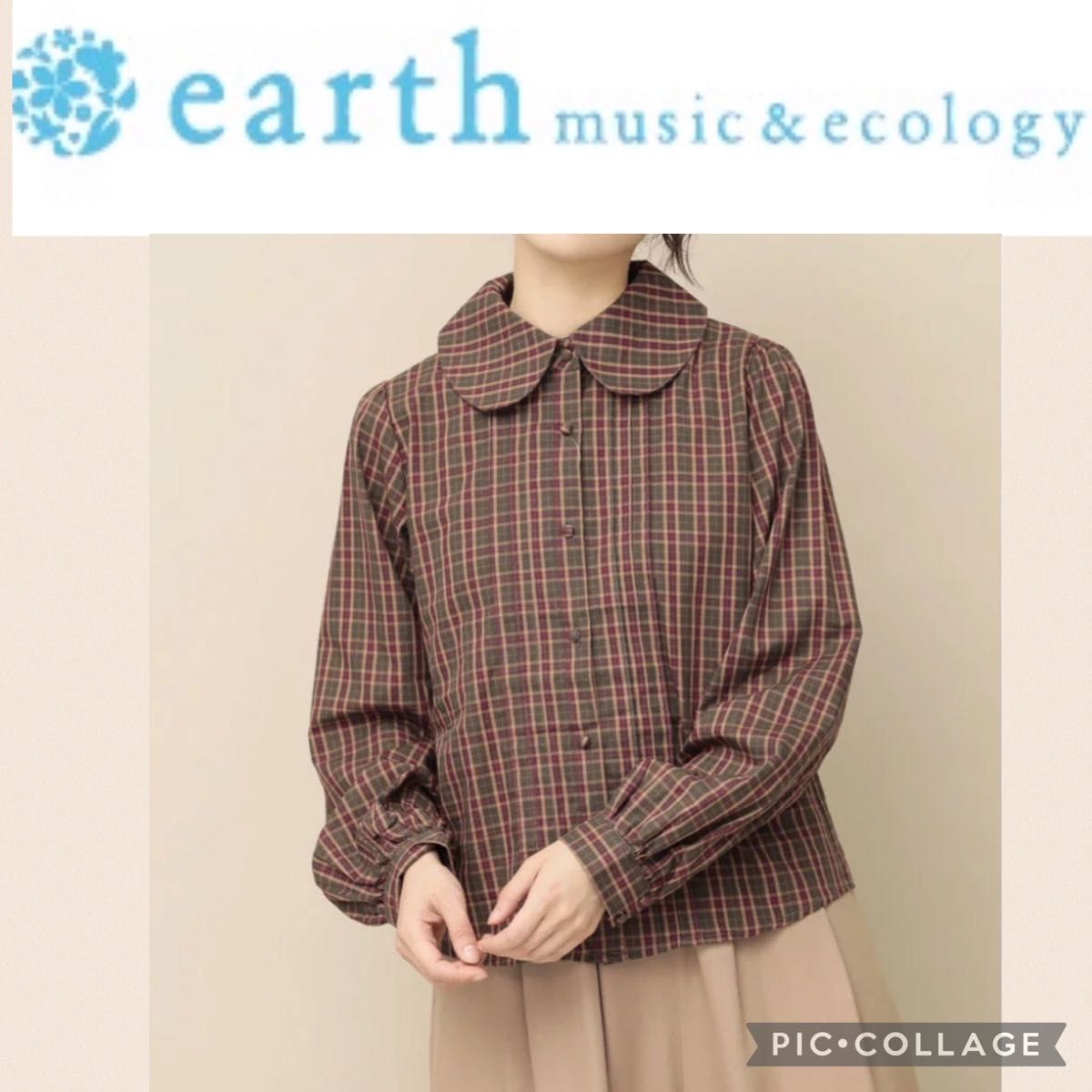 earth music&ecology ビッグカラーチェックブラウス 長袖シャツ コットン ギンガムチェック チェックシャツ