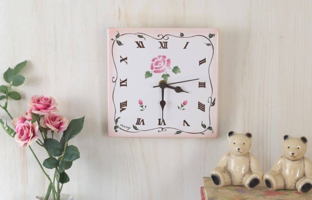 マニーローズ タイルクロック　壁掛け時計　スクエア　陶器 日本製　新品_画像1