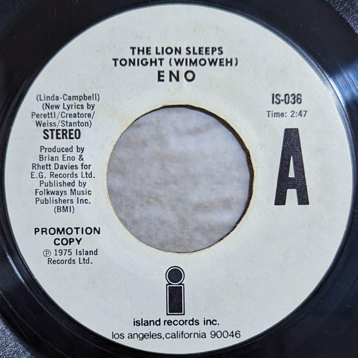 Eno-The Lion Sleeps Tonight★米Island プロモ・オンリー7”/Roxy Music_画像1