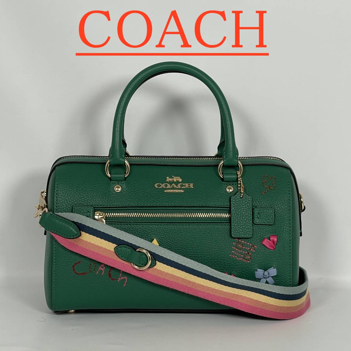 【極美品】COACH コーチ ショルダーバッグ ロゴ 刺繍 金具 リボン 8280 緑