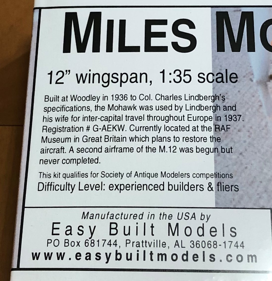 【ゴム動力ピーナッツ機】Easy Built製Miles Mohawk（翼長：12”＝305ｍｍ）・・・残り2_画像2