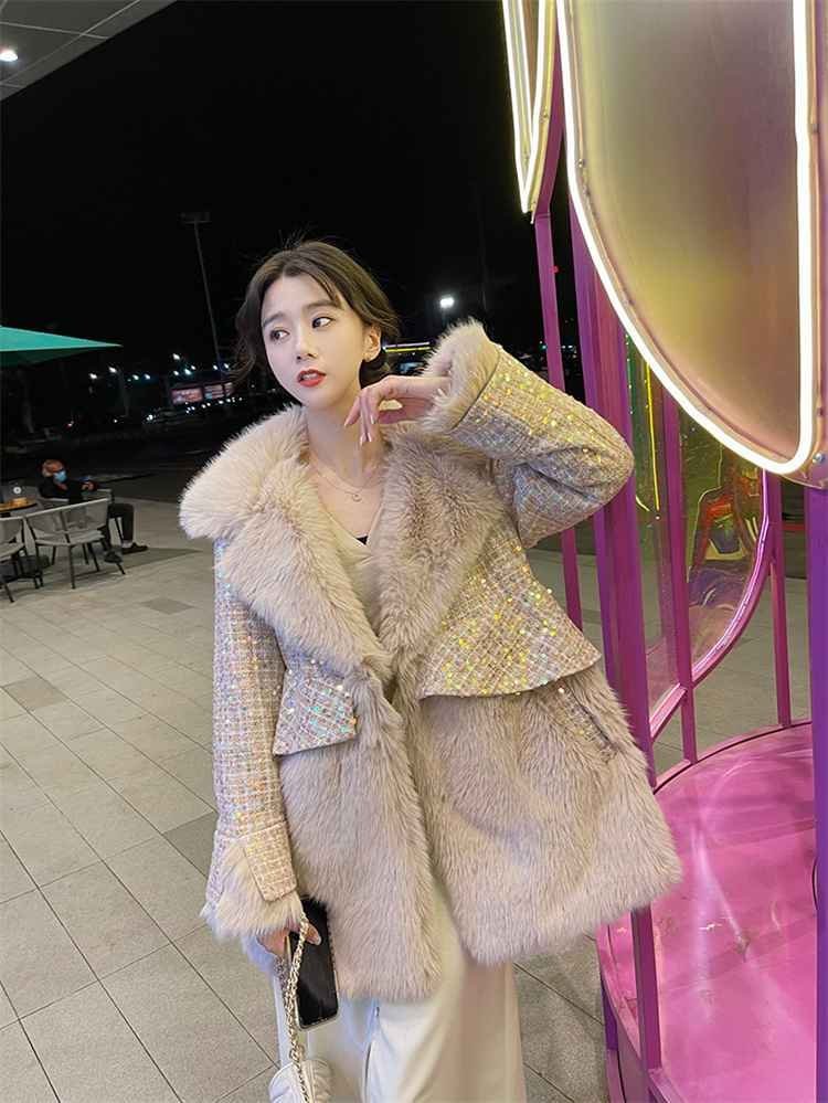 スリム ファーコート スパンコール ウール ファッション コート XL ピンク