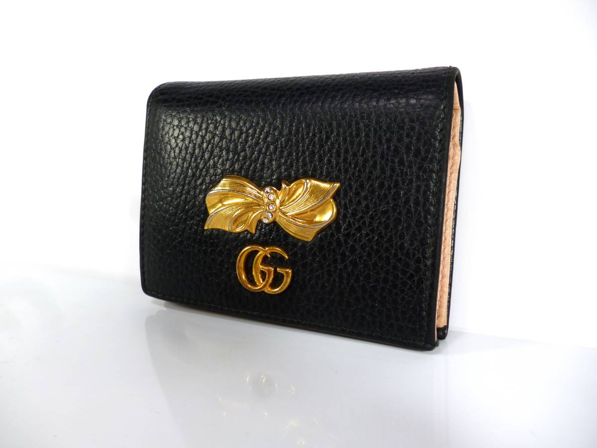 美品★GUCCI/グッチ★ＧＧ・リボンモチーフ★ラインストーン★本革レザ-★2つ折り長財布★コンパクトジップ★黒×ピンク_画像2