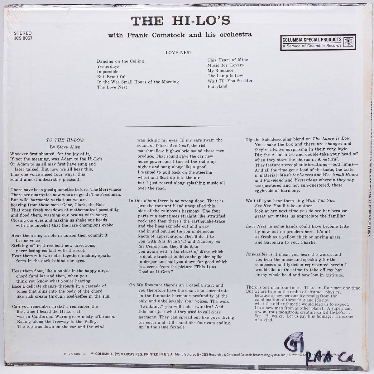 [LP] The Hi-Lo's With Frank Comstock And His Orchestra / Love Nest / Columbia Special Products / JCS 8057 / Big Band / Vocal_画像2