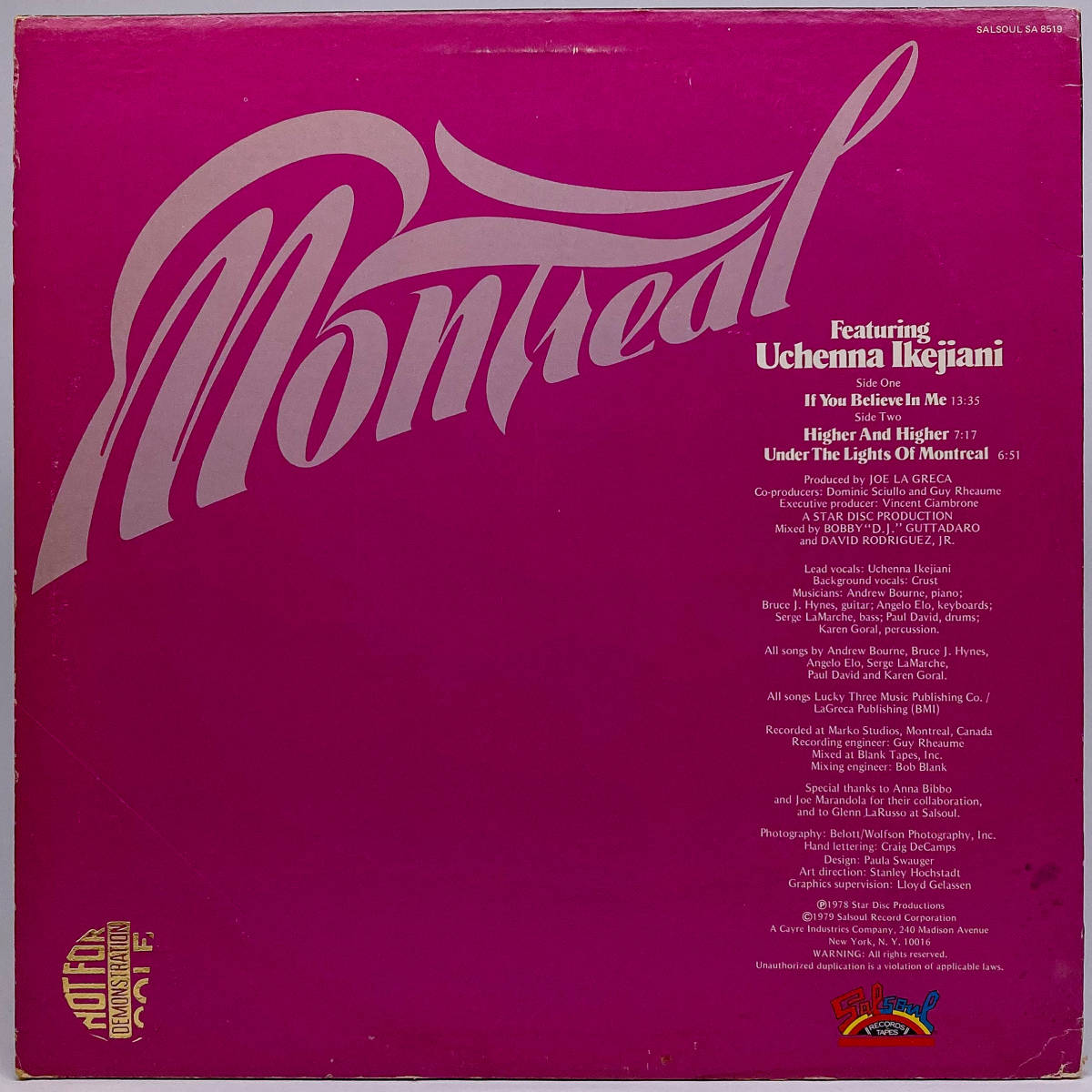 [LP] '79米Orig / Montreal Featuring Uchenna Ikejiani / S.T. / Salsoul Records / SA 8519 / Disco_画像2