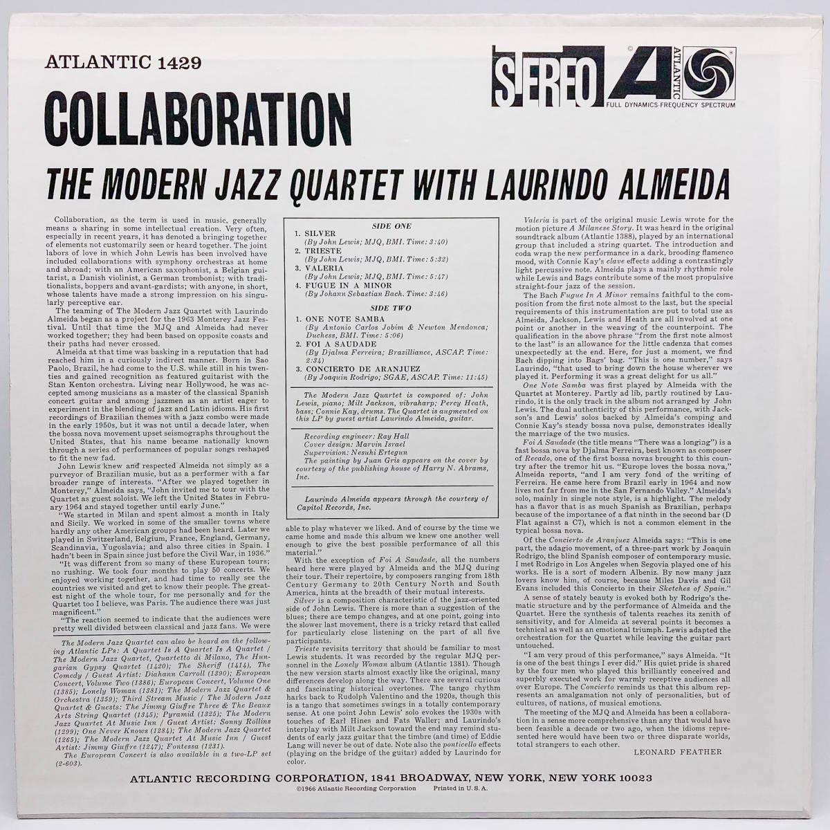 [LP] The Modern Jazz Quartet With Laurindo Almeida / Collaboration / Atlantic/ SD 1429 / Bop / Latin Jazz / Cool Jazz_画像2