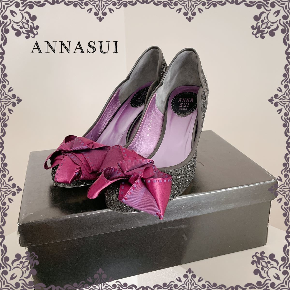 送料無料　大人気　ANNA SUI アナスイ パンプス　ハイヒール 24,5cm グリッター　キラキラ　黒　ブラック　リボン　大人可愛い