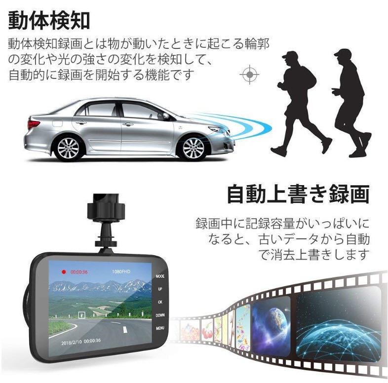 ドライブレコーダー 4インチ 前後カメラ バックカメラ 日本語説明書付き 広角 レンズ Gセンサー 1080P 高画質 フルHD 常時録画_画像2