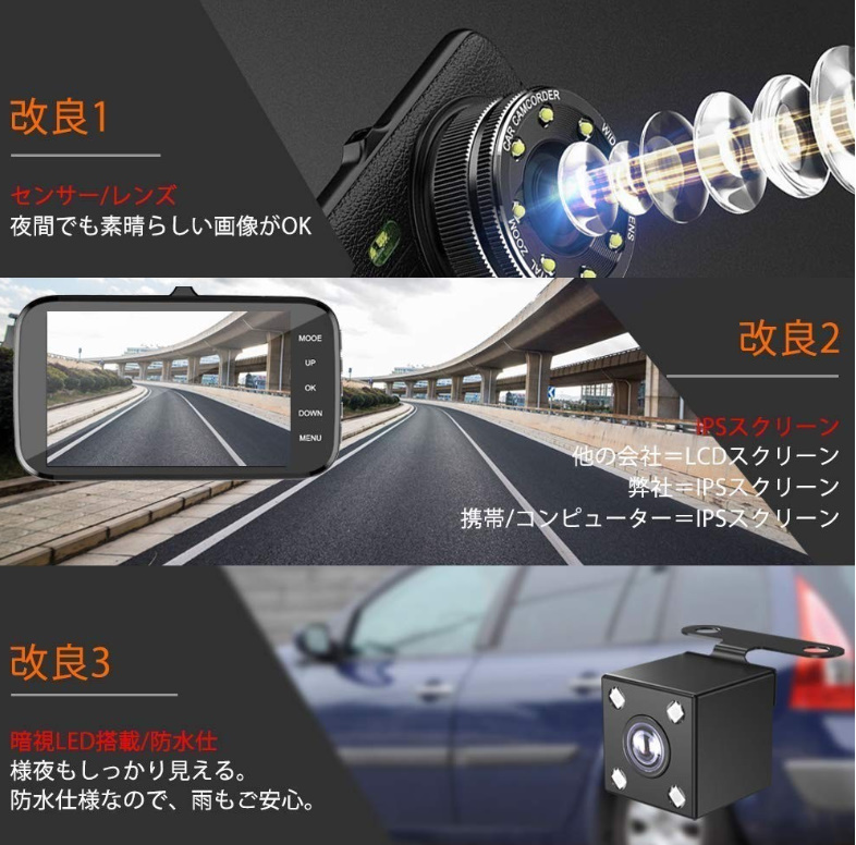 ドライブレコーダー 4インチ 前後カメラ バックカメラ 日本語説明書付き 広角 レンズ Gセンサー 1080P 高画質 フルHD SDカード32GBセット_画像3
