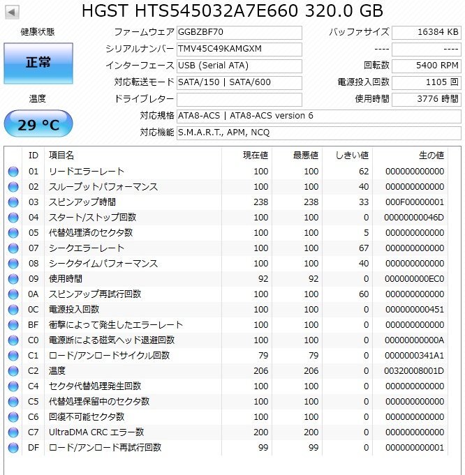 3966 2.5インチ内蔵SATAハードディスク320GB HITACH HGST 3個まとめて 7mm 5400rpm 正常 使用3776/4830/5016時間 Mac/Win_画像3