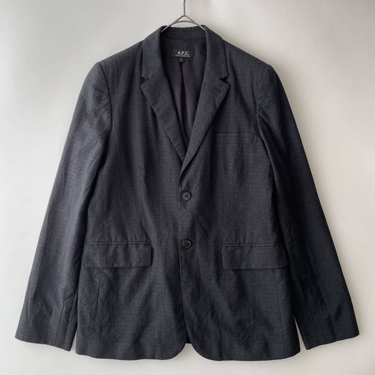 【フランス製】A.P.C. size/M (ie) アーペーセー リップストップ テーラードジャケット ウールアウター グレー 無地 2ボタン  FRANCE jacket