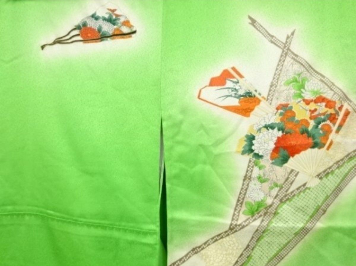 正絹　扇に牡丹・菊模様ぼかし訪問着 身丈168　裄64