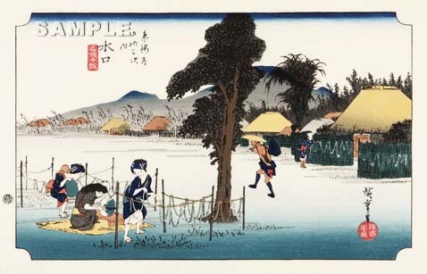 額装　歌川広重 (Utagawa Hiroshige) 木版画 東海道五十三次　　#51 水口　名物干瓢 　 　 これぞ広重の浮世絵界での出世作,ご堪能下さい!!