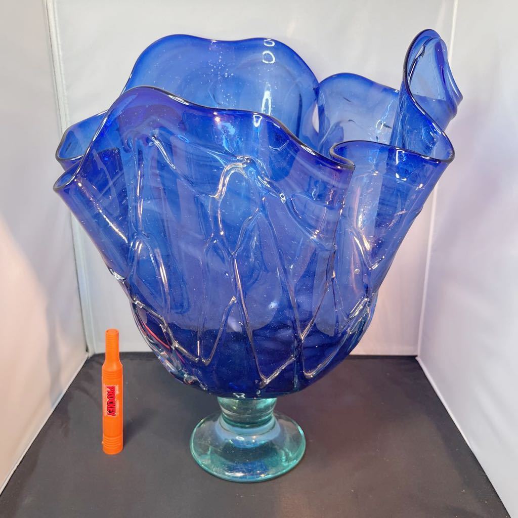 ガラス ガラス細工 練りガラス 青 花瓶 花器 フラワーベース インテリア 硝子細工 高さ46cm BLUE _画像1