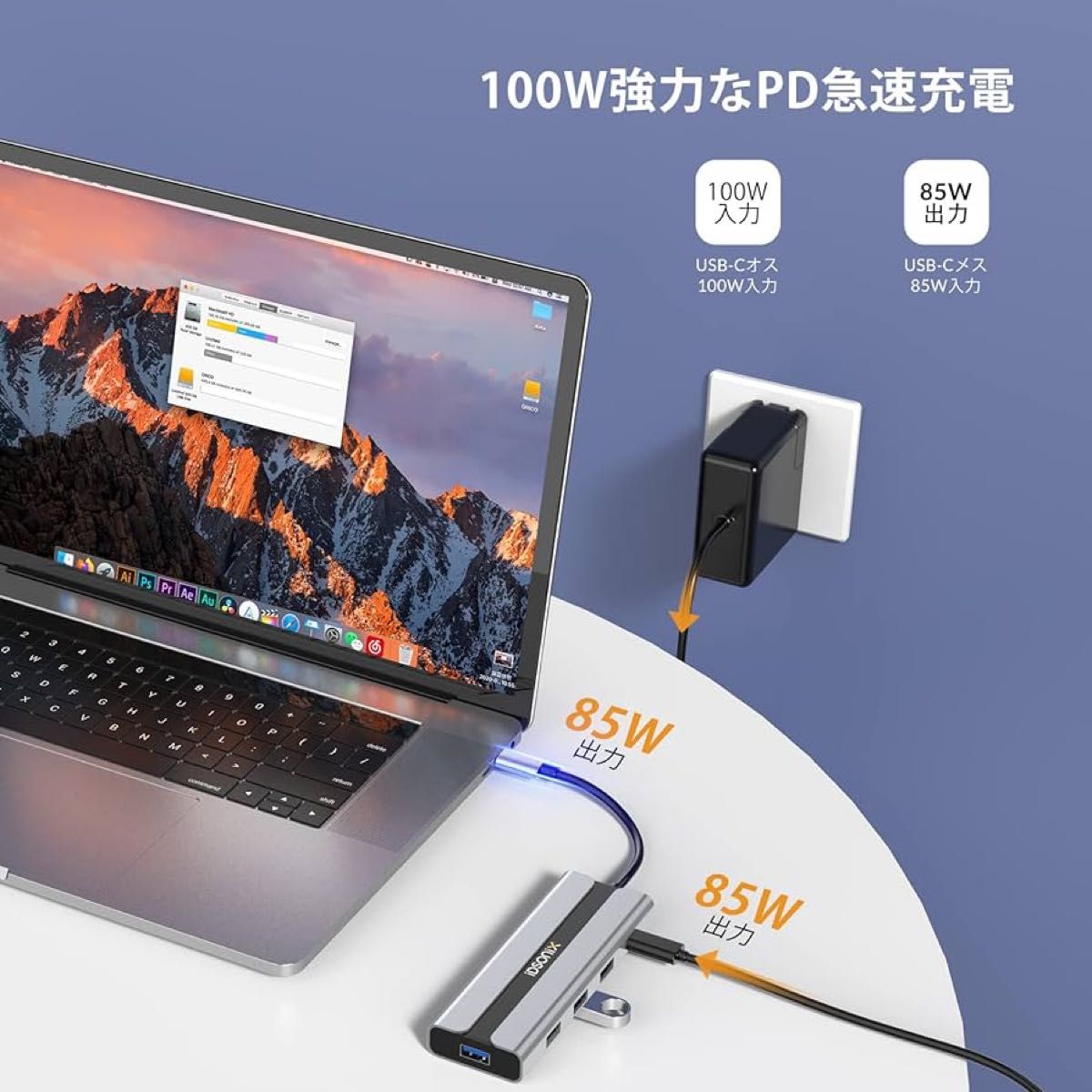 iDsonix USBハブ、5-in-1 USB CハブタイプCアダプター、100W電力供給Thunderbolt3、