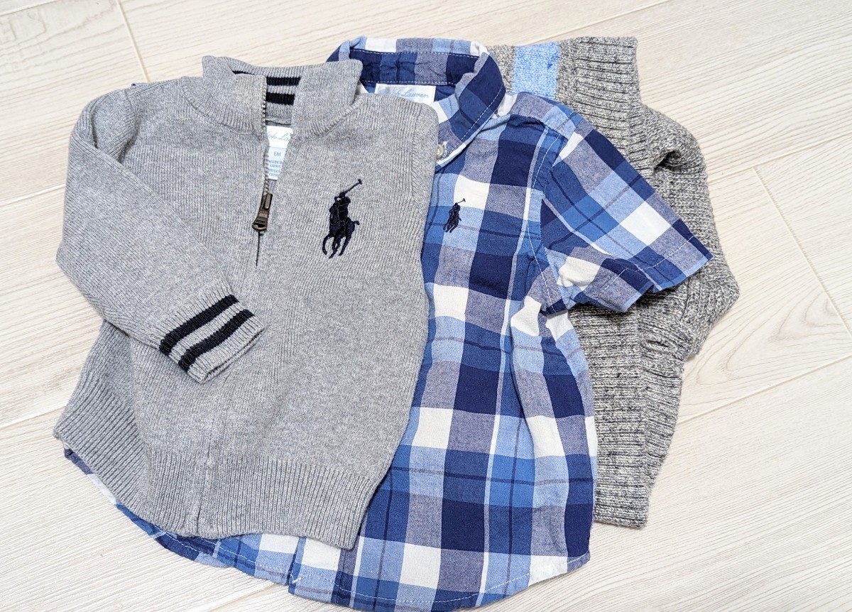 ラルフローレン POLO　0歳児セーター、シャツ2着セット/青、グレー/おまけ1着_画像1
