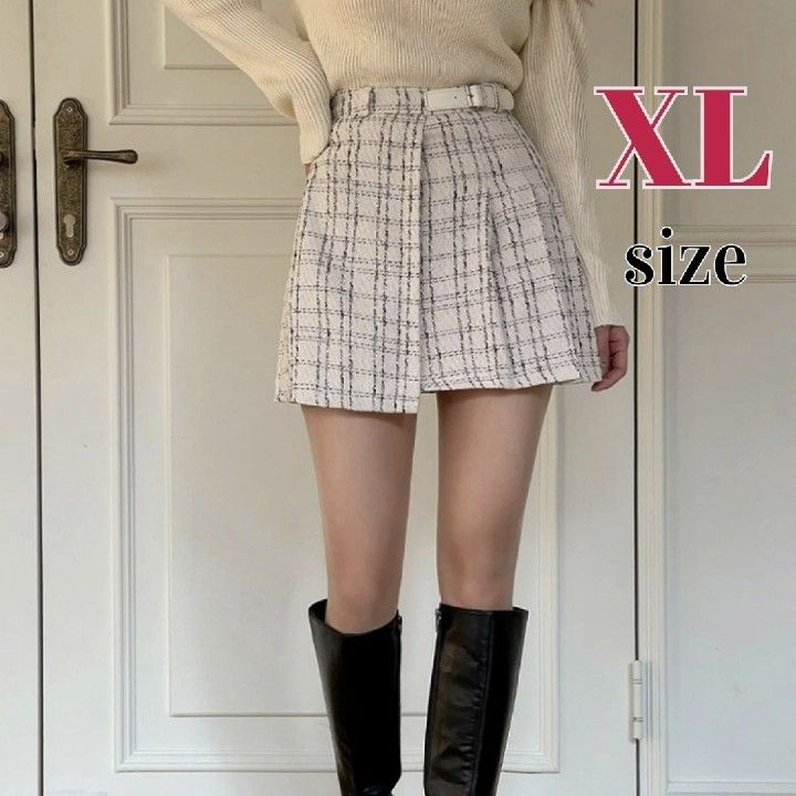 XL スカート インナーパンツ付き ミニ   ツイード チェック アイボリー