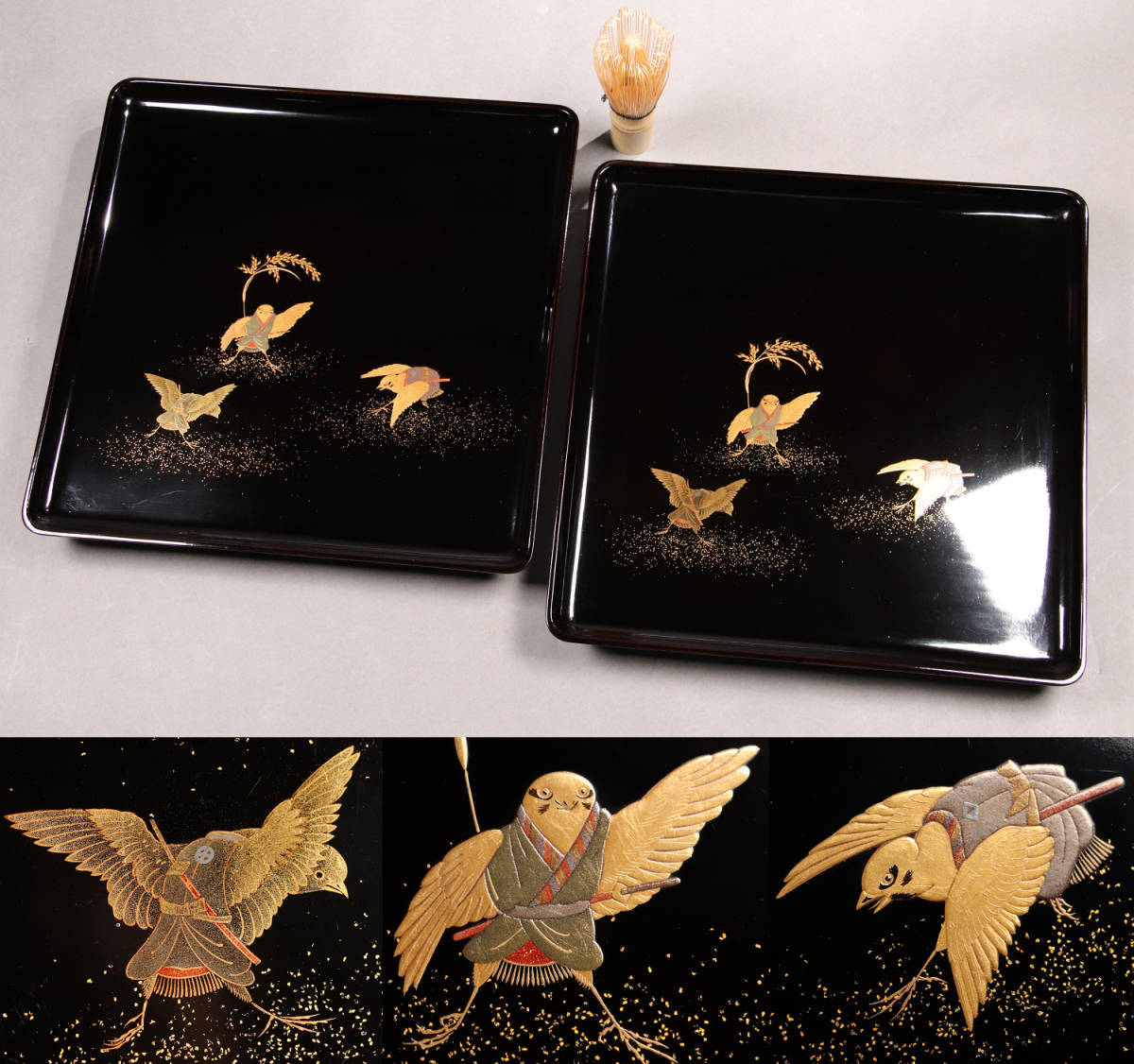 M453 輪島塗 雀侍踊金蒔絵 黒塗四方膳二客 足付卓上膳 木製 M453 輪島塗 雀侍踊金蒔絵 黒塗四方膳二客 足付卓上膳 木製
